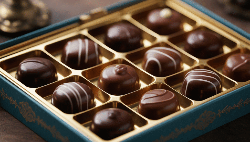 Glossy dark chocolate liqueur pralines in elegant vintage box, close-up with soft lighting