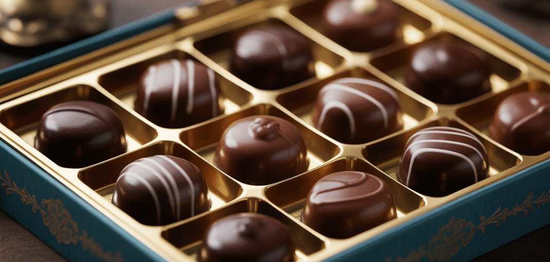 Glossy dark chocolate liqueur pralines in elegant vintage box, close-up with soft lighting