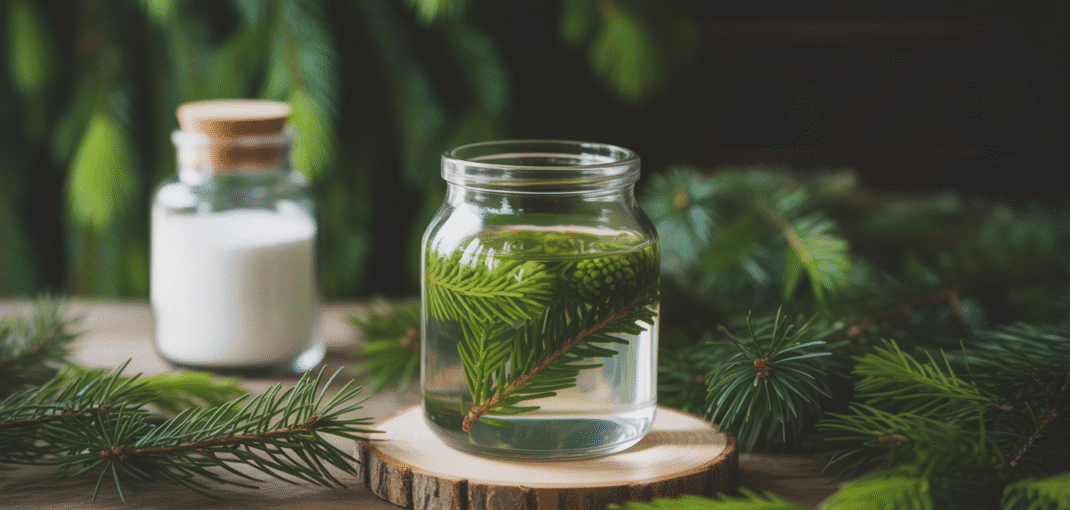 Glass jar with fir buds in alcohol on rustic wooden table