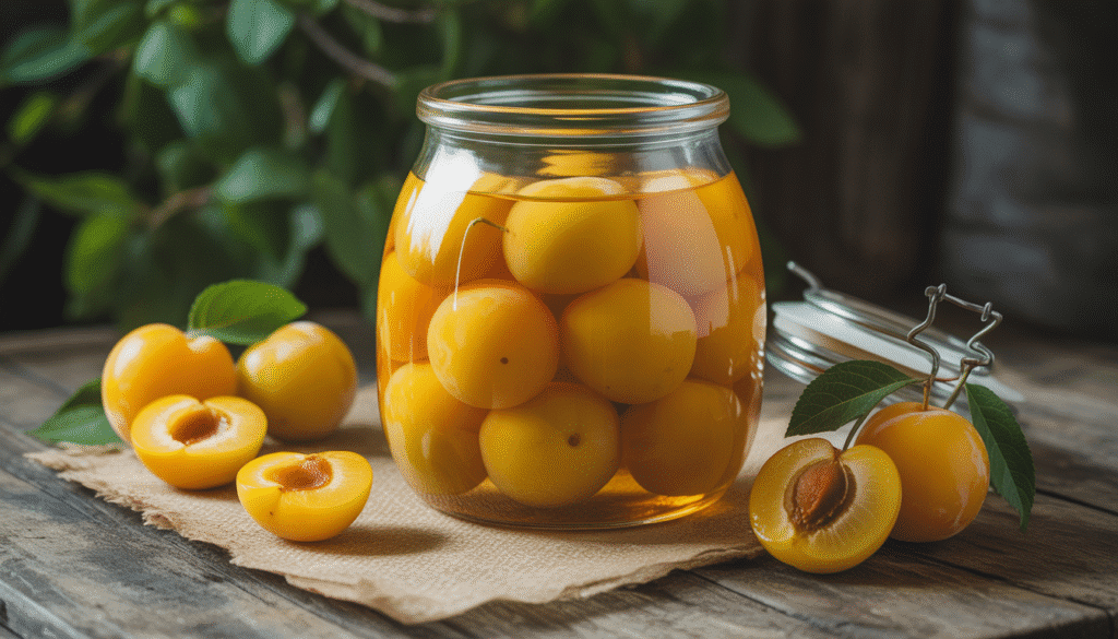 Bocal en verre avec mirabelles jaunes, sucre et alcool sur table en bois