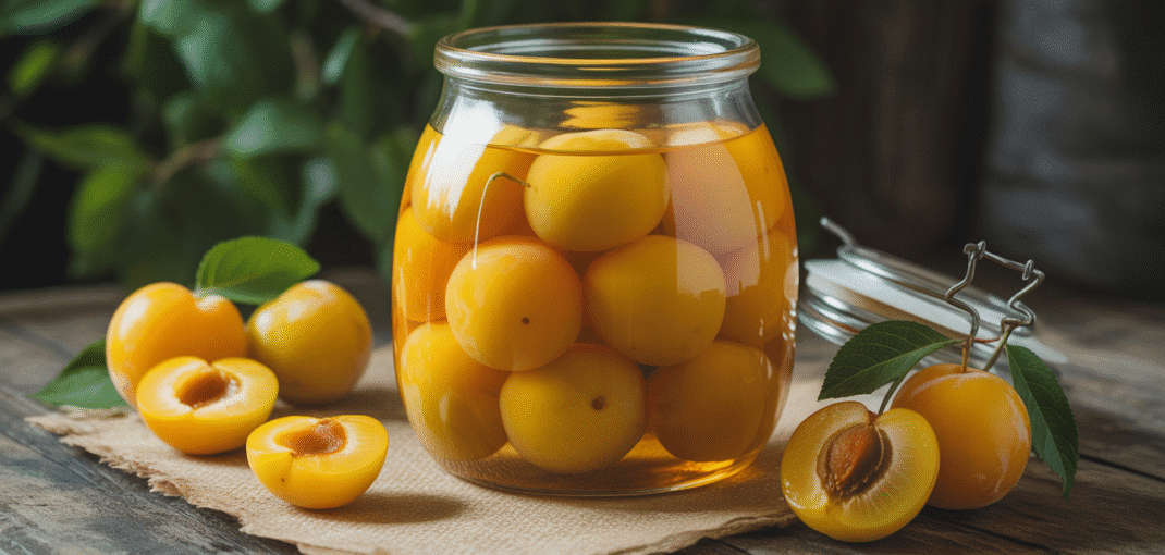 Bocal en verre avec mirabelles jaunes, sucre et alcool sur table en bois