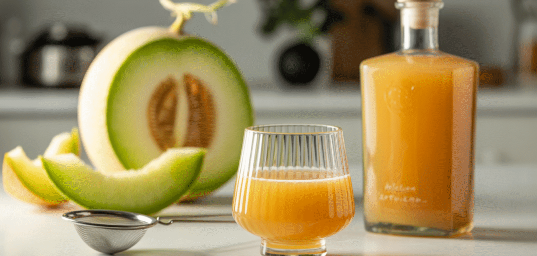 Glass of amber melon liqueur beside artisanal bottle with fresh melon slices in kitchen setting