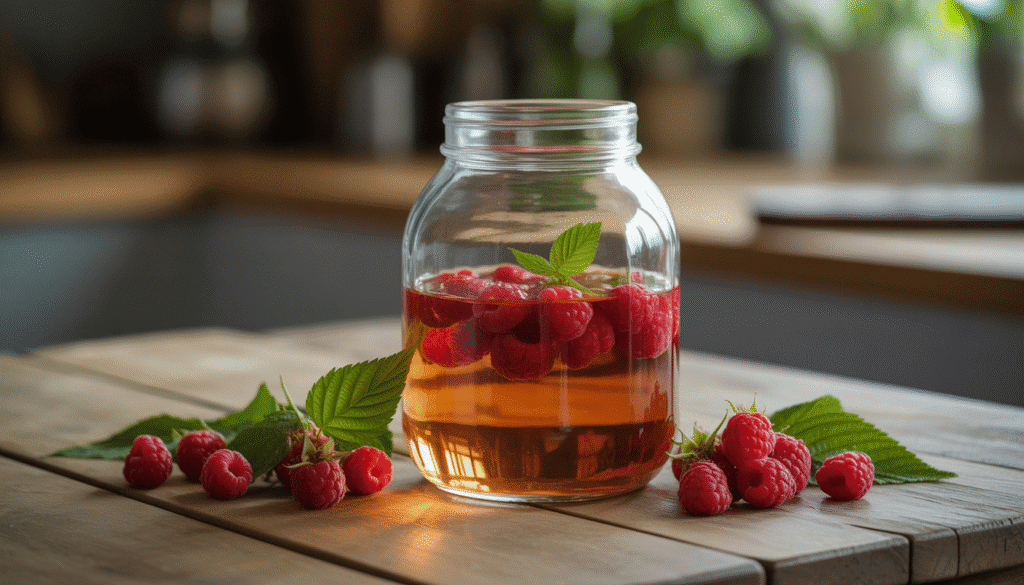 Glass jar with fresh raspberries and clear alcohol on rustic table