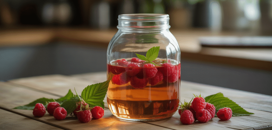 Glass jar with fresh raspberries and clear alcohol on rustic table