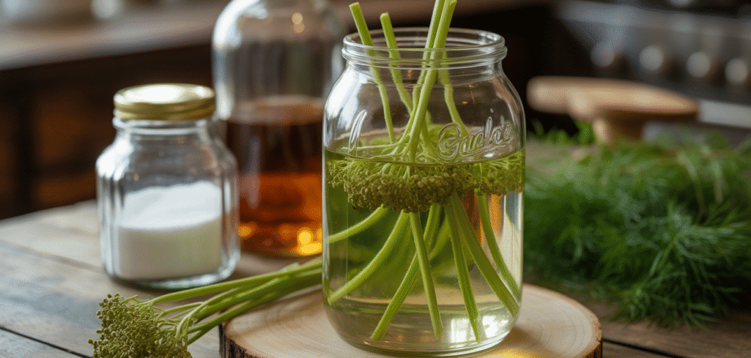 Bocal en verre avec tiges d’angélique dans de l’alcool sur table en bois rustique