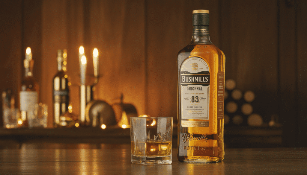 Bouteille et verre de whisky Bushmills Original sur fond en bois