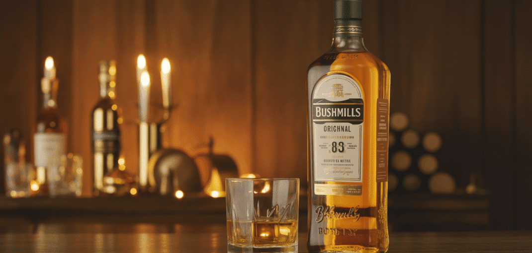 Bouteille et verre de whisky Bushmills Original sur fond en bois