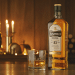 Bouteille et verre de whisky Bushmills Original sur fond en bois