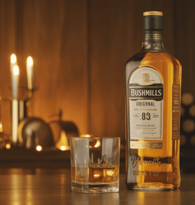 Bouteille et verre de whisky Bushmills Original sur fond en bois
