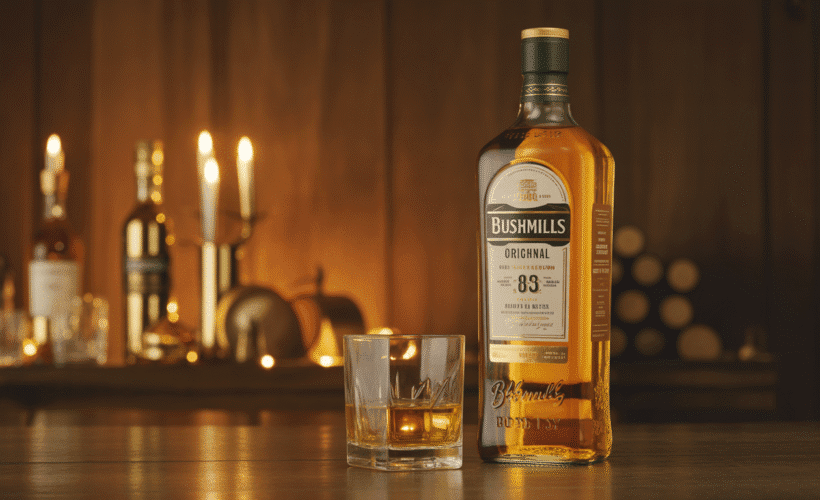 Bouteille et verre de whisky Bushmills Original sur fond en bois