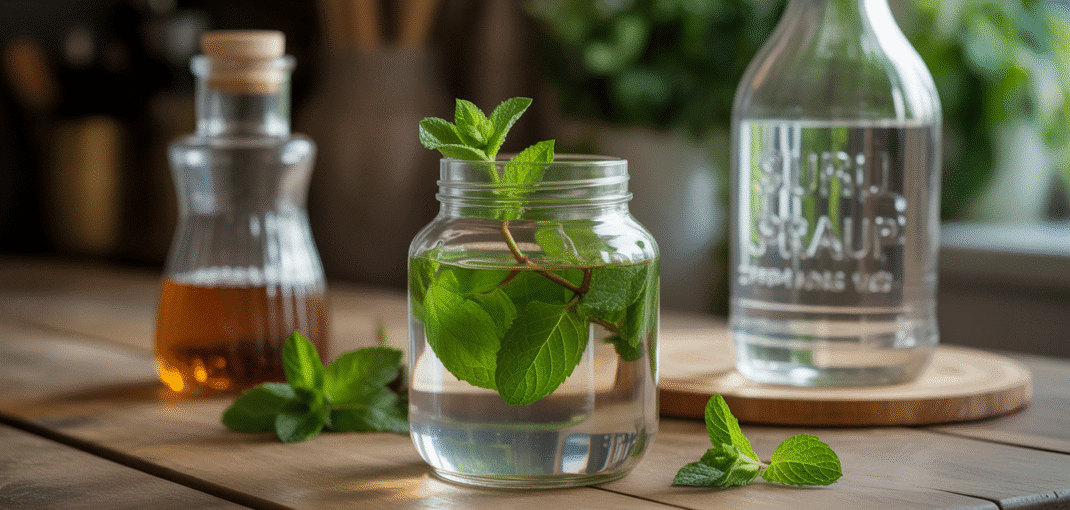 Glass jar with mint leaves in alcohol, sugar syrup and water nearby