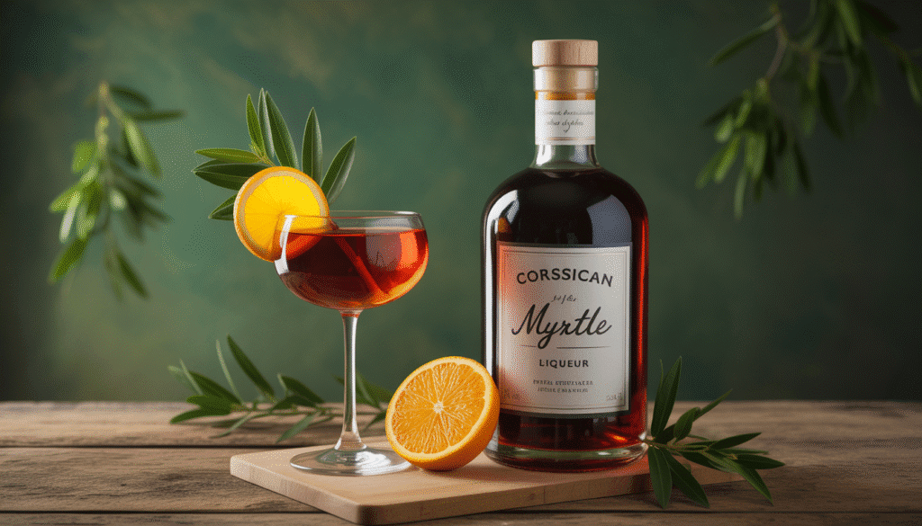 Photorealistic image of Corsican myrtle liqueur beside a cocktail with orange slice and myrtle leaves on rustic wooden table