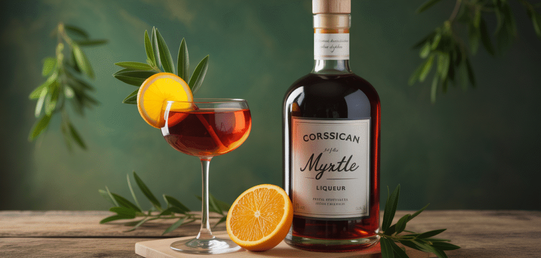 Photorealistic image of Corsican myrtle liqueur beside a cocktail with orange slice and myrtle leaves on rustic wooden table