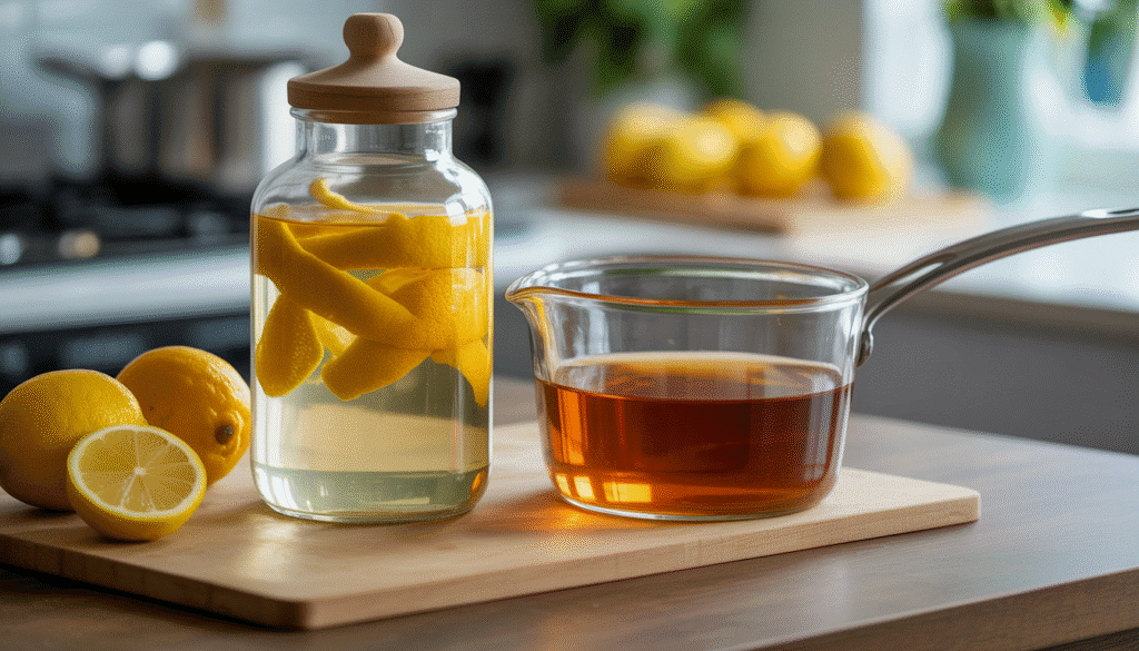 Glass jar with lemon peels next to saucepan of sugar syrup