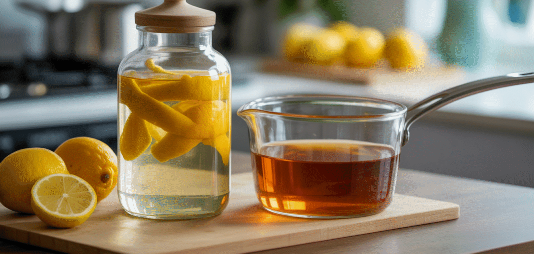 Glass jar with lemon peels next to saucepan of sugar syrup