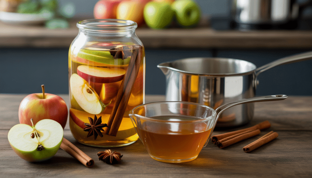 Bocal avec tranches de pomme, bâtons de cannelle et anis étoilé dans de l’alcool sur table en bois, avec casserole de sirop à côté
