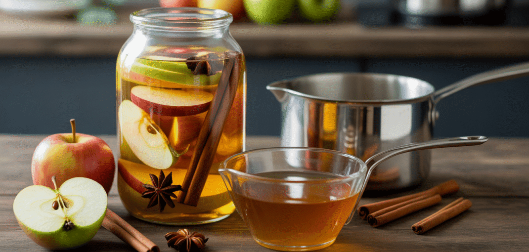 Bocal avec tranches de pomme, bâtons de cannelle et anis étoilé dans de l’alcool sur table en bois, avec casserole de sirop à côté