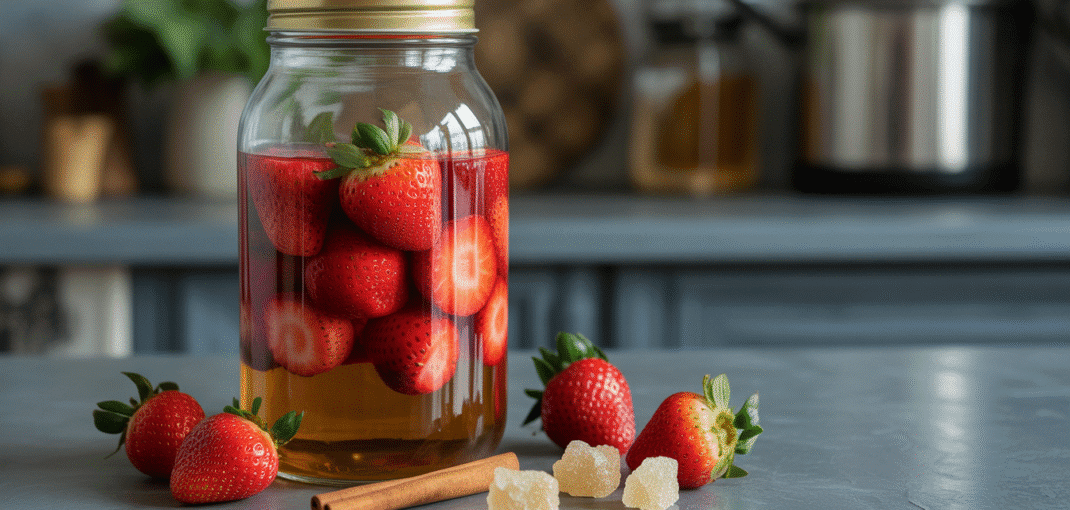 Bocal en verre avec fraises trempées dans l'alcool, bâton de cannelle et sucre cristallisé sur une table de cuisine rustique