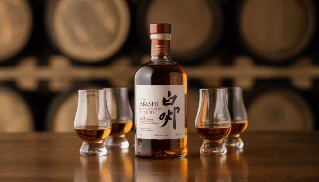 Bouteille de whisky Akashi entourée de verres, éclairage chaleureux
