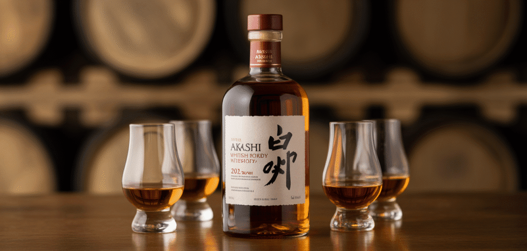 Bouteille de whisky Akashi entourée de verres, éclairage chaleureux