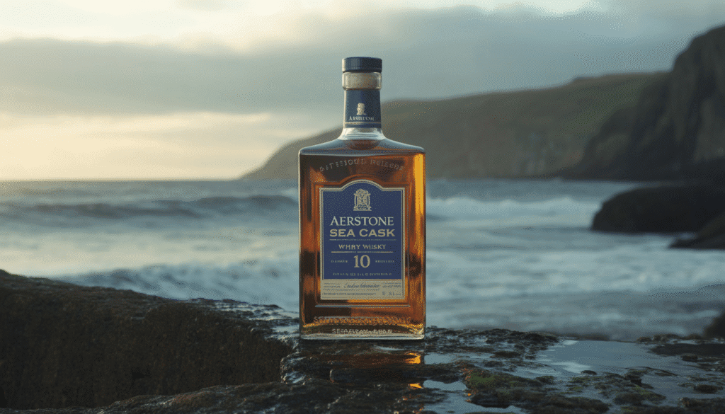 Bouteille de whisky Aerstone Sea Cask 10 ans sur côte rocheuse avec vagues et ciel brumeux