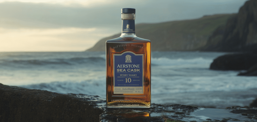 Bouteille de whisky Aerstone Sea Cask 10 ans sur côte rocheuse avec vagues et ciel brumeux