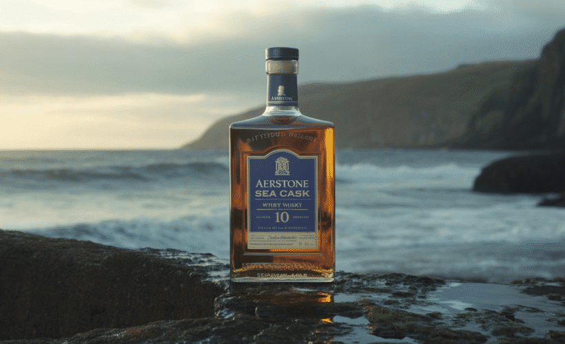 Bouteille de whisky Aerstone Sea Cask 10 ans sur côte rocheuse avec vagues et ciel brumeux