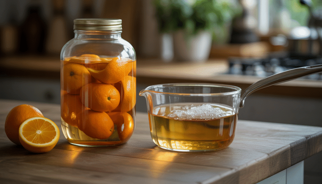 Glass jar with orange peels soaking in alcohol beside saucepan with simmering sugar syrup on rustic kitchen countertop