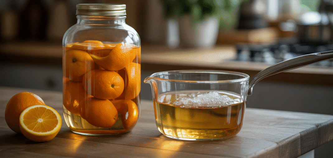 Glass jar with orange peels soaking in alcohol beside saucepan with simmering sugar syrup on rustic kitchen countertop