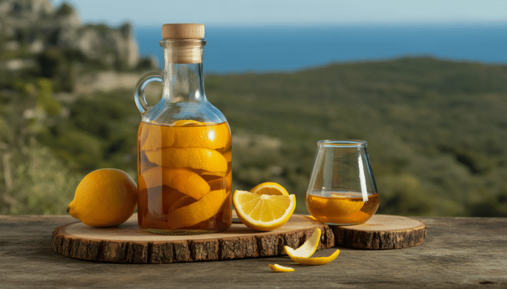 Préparation de liqueur de cédrat avec zestes frais dans un bocal en verre sur une table rustique