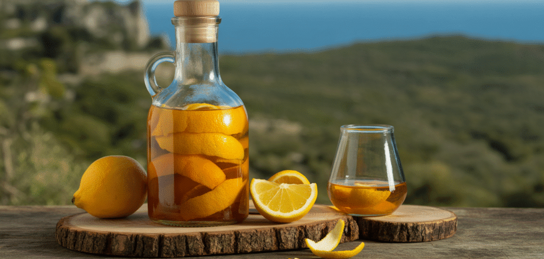 Préparation de liqueur de cédrat avec zestes frais dans un bocal en verre sur une table rustique