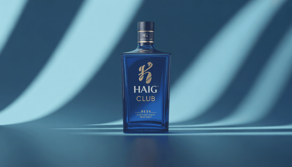Bouteille de whisky Haig Club carrée bleue sur fond élégant