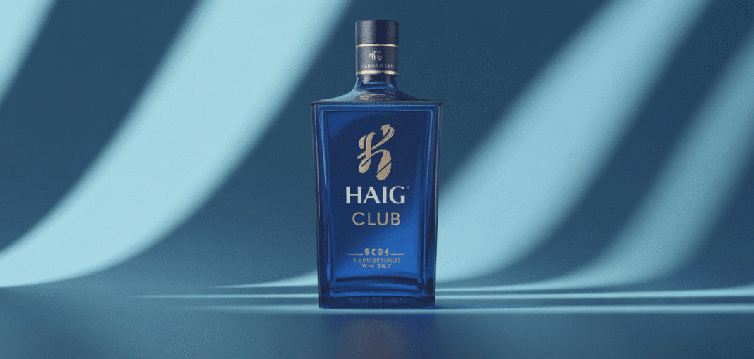 Bouteille de whisky Haig Club carrée bleue sur fond élégant
