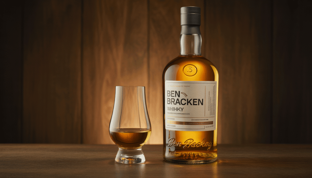 Bouteille de whisky Ben Bracken avec verre sur fond en bois