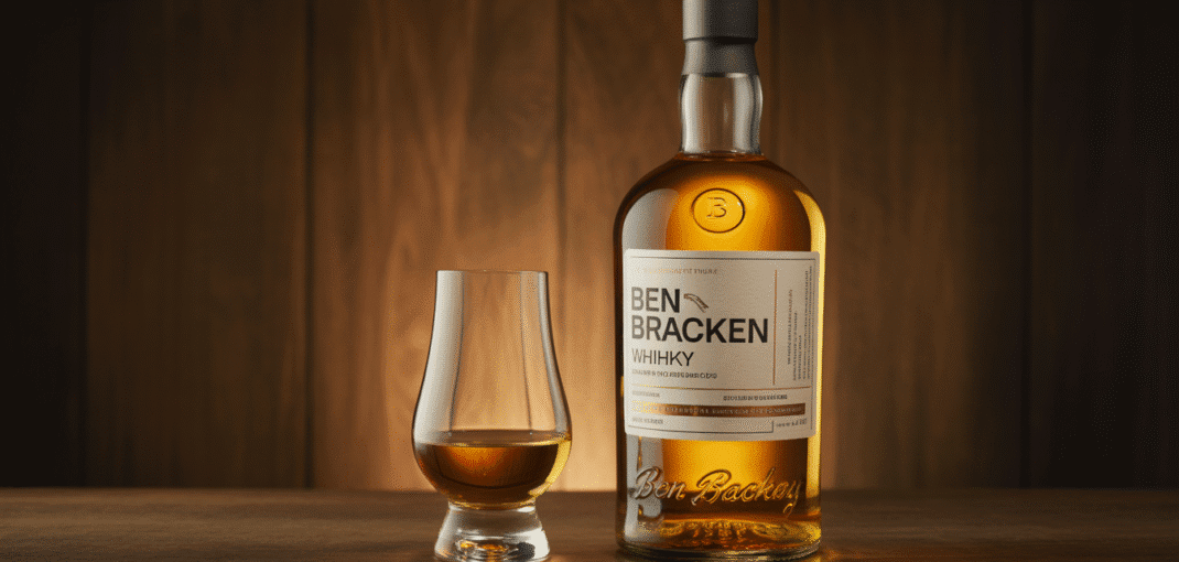 Bouteille de whisky Ben Bracken avec verre sur fond en bois