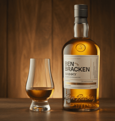 Bouteille de whisky Ben Bracken avec verre sur fond en bois