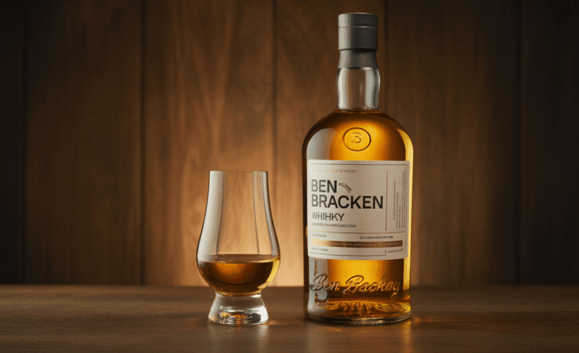Bouteille de whisky Ben Bracken avec verre sur fond en bois