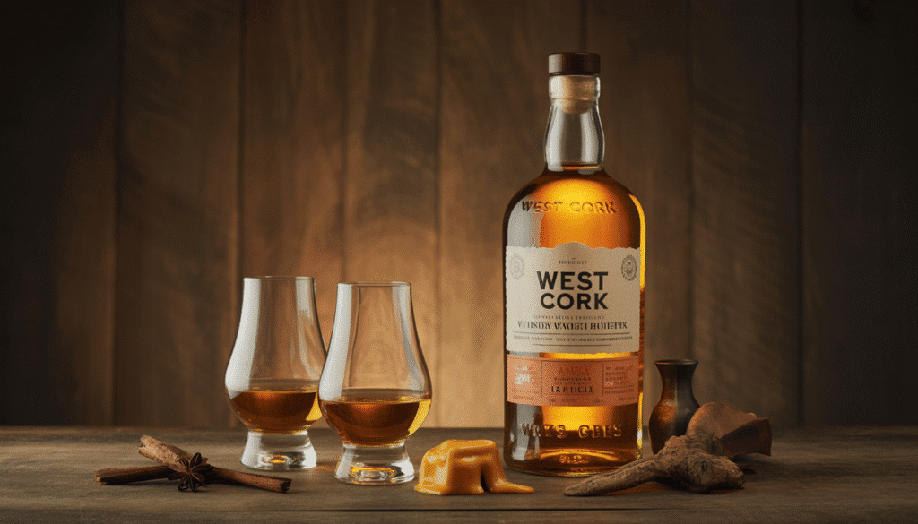 Bouteille de West Cork Whisky avec verres sur bois rustique