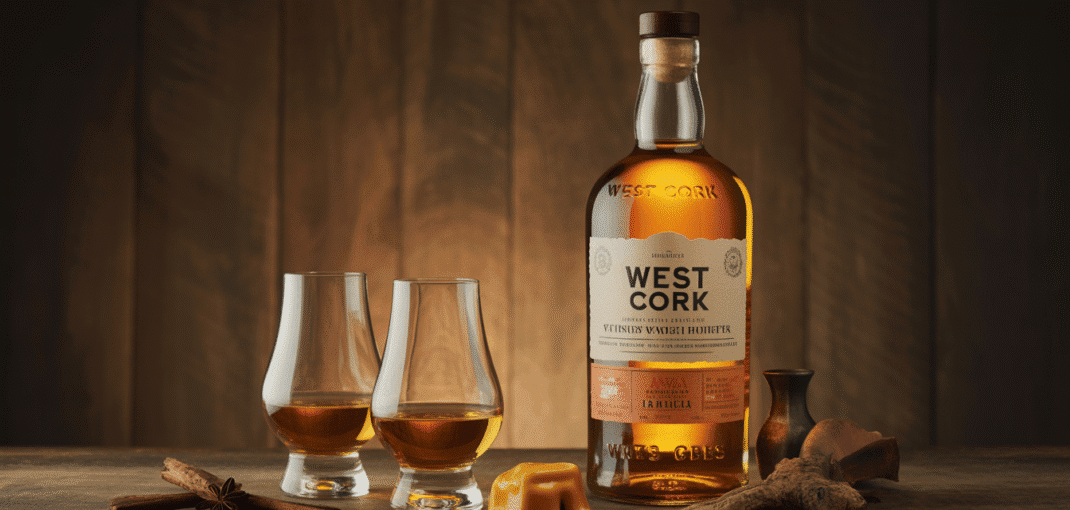Bouteille de West Cork Whisky avec verres sur bois rustique