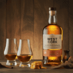 Bouteille de West Cork Whisky avec verres sur bois rustique