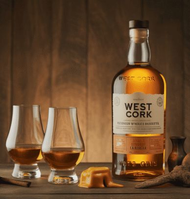 Bouteille de West Cork Whisky avec verres sur bois rustique