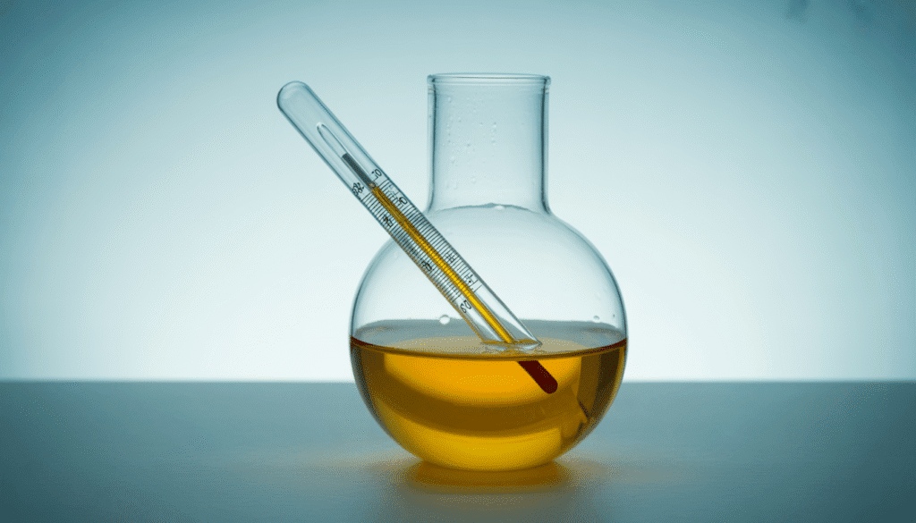 Alcohol hydrometer floating in a transparent liqueur sample inside a glass cylinder with liquid meniscus, lab setting