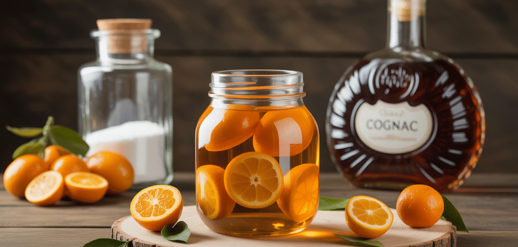 Pot en verre avec kumquats tranchés dans l'alcool sur une table en bois