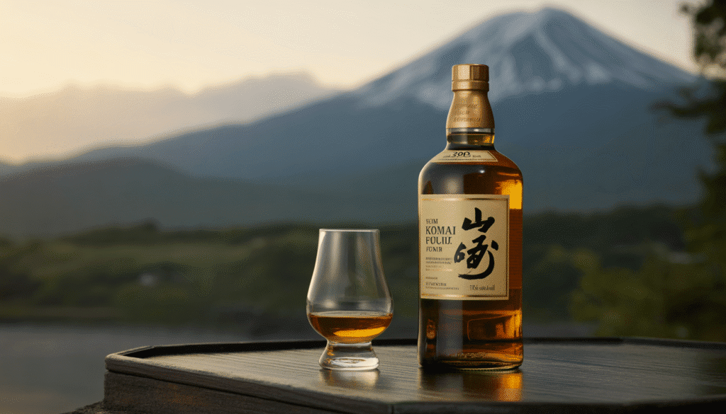 Bouteille de Whisky Koma Fuji Gold avec verre, montagnes en fond
