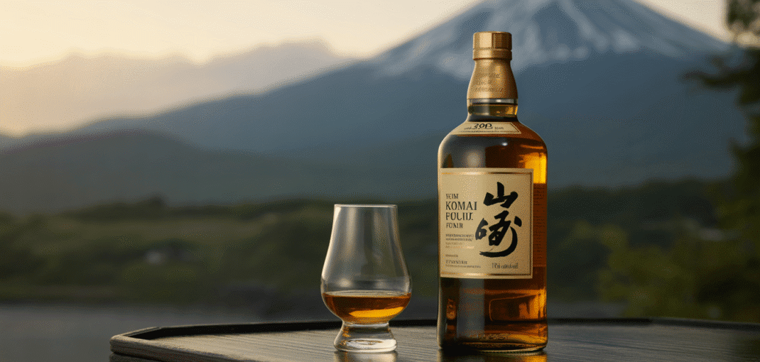 Bouteille de Whisky Koma Fuji Gold avec verre, montagnes en fond