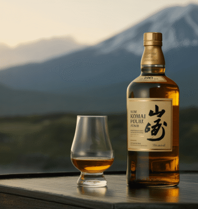 Bouteille de Whisky Koma Fuji Gold avec verre, montagnes en fond