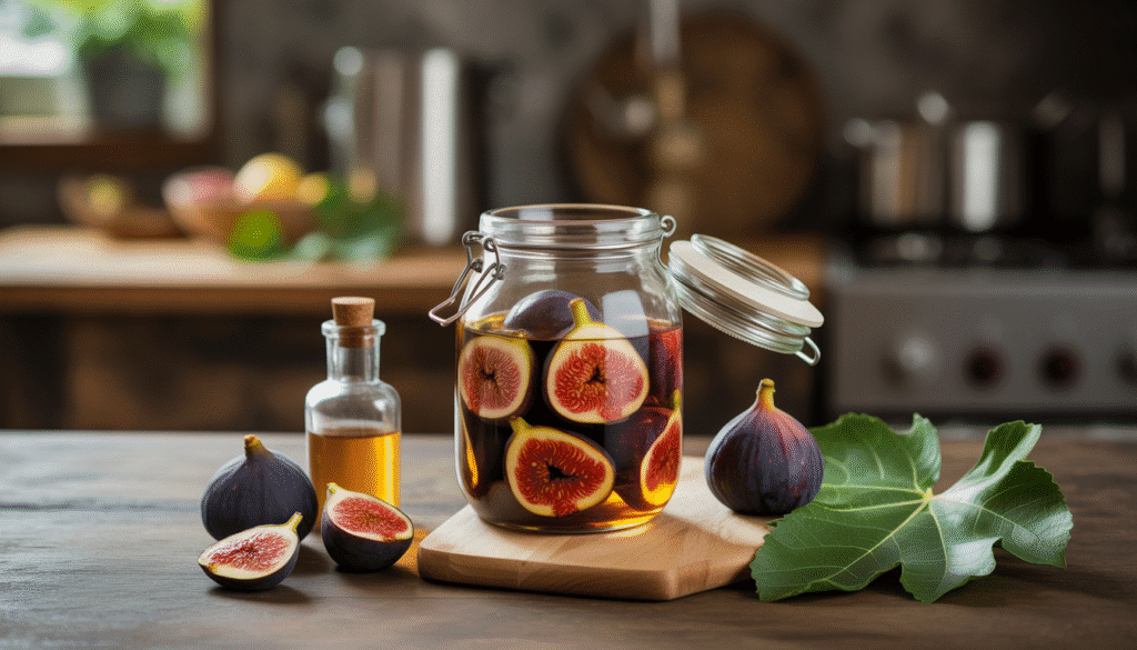 Glass jar of fresh figs macerating in alcohol beside sugar syrup bottle