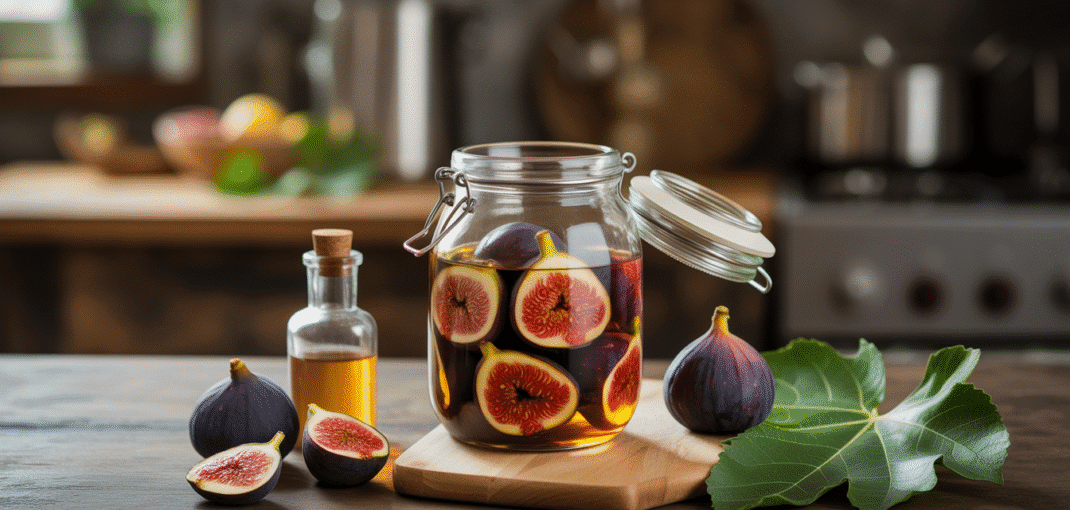 Glass jar of fresh figs macerating in alcohol beside sugar syrup bottle