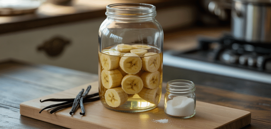Glass jar with banana slices macerating in alcohol, vanilla pod and sugar on wooden table
