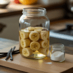 Glass jar with banana slices macerating in alcohol, vanilla pod and sugar on wooden table